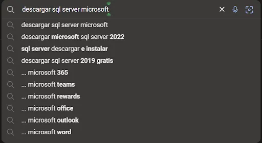 ruta en el navegador para descargar sql server